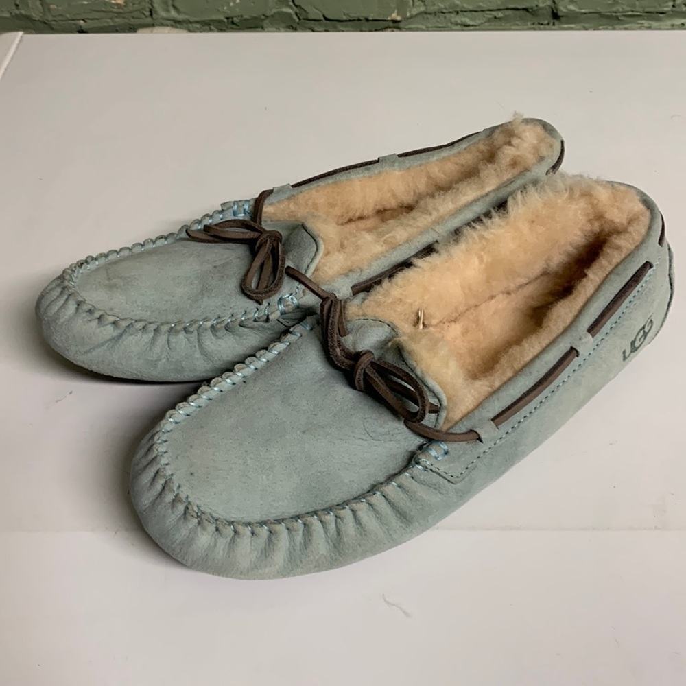 UGG Light Blue Suede Shearling Lined Moccasin Slippers